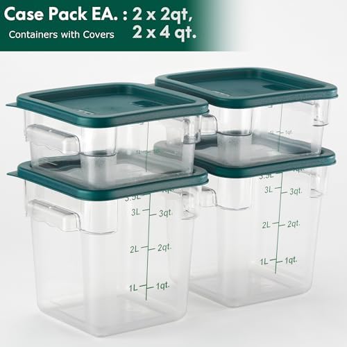 CURTA 4-Pack Food Storage Containers with Green Lids - 2 Qt & 4 Qt Square Clear Polycarbonate - NSF Listed, Commercial Grade, Freezer & Dishwasher Safe, Stackable - Image 3
