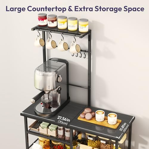 SWTYMIKI Bakers Rack with Storage - Coffee Bar Cabinet Organizer with 8 Hooks, Shelves & Cabinet Door, Coffee Station for Kitchen Dining Room, Microwave Stand with Adjustable Feet, Black - Image 6