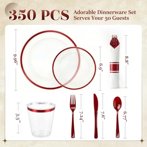350PCS Clear Red Plastic Plates Dinnerware Sets for 50 Guests - Image 3