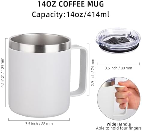 Volhoply 14oz Insulated Stainless Steel Coffee Mug with Lid Bulk 4 Pack,Not Suitable for Sublimation,Double Wall Vacuum Travel Coffee Cup with Handle, Reusable Metal Camping Mugs Keep Cold(White,4) - Image 2