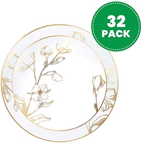 PLASTICPRO 32 Piece Combo Plates Set includes 16-7'' inch Plates & 16-10'' inch Plate White Plastic Floral Design Party With Gold Rim, Premium heavyweight Elegant,Dishes, - Image 2