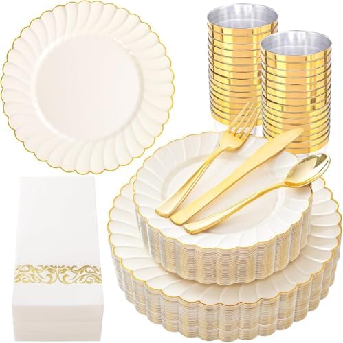 YOUBET 175PCS Ivory Scalloped Plastic Plates for Party Wedding by YOUBET