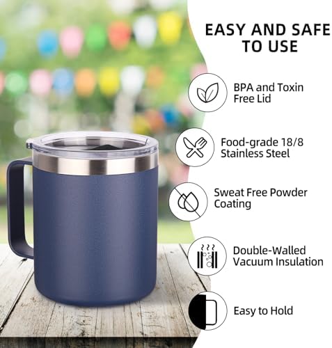 Volhoply 14oz Insulated Stainless Steel Coffee Mug with Lid Bulk 2 Pack,Double Wall Vacuum Travel Coffee Cup with Handle,Reusable Metal Cups Tumbler,Camping Mugs Keep Hot,Ideal Gifts(Navy,2) - Image 4