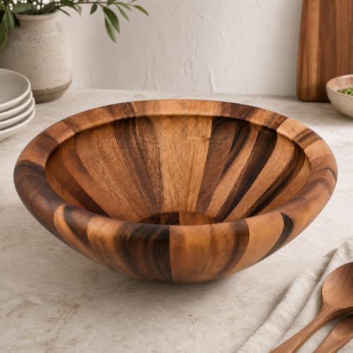 Arthur Court Acacia Wood Salad Bowl - Modern Wavy Design for Fruits and Salads - 6" Tall, 16" Diameter - Image 3