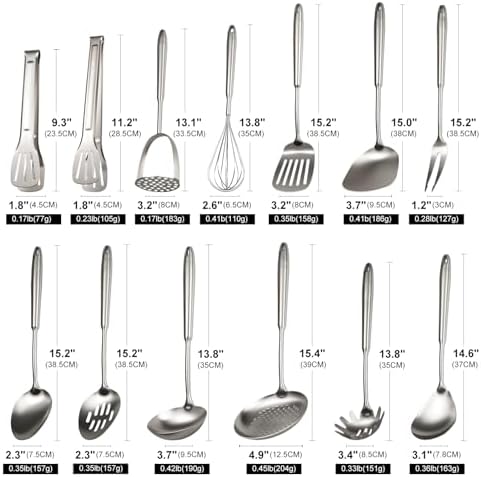 304 Stainless Steel Cooking Utensils Set, 13 PCS Long Large Metal Cooking Utensil Tools Set, Mirror Polished Kitchen Gadget Cookware and Kitchen Tool Set, Dishwasher Safe - Image 3