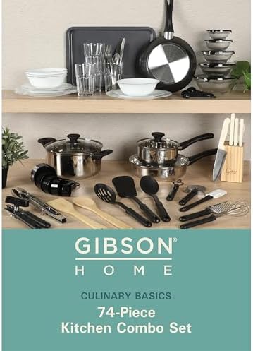 Gibson Home 74 Piece Kitchen in a Box Pots and Pans Cookware, Plates and Bowls Dinnerware, Cutlery Knife Block, Flatware Utensils, Tools & Gadgets, Storage, Glasses Set - Image 2