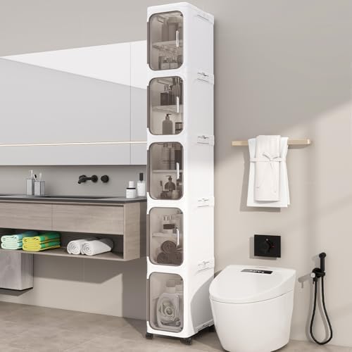 5 Tier Slim Bathroom Storage Cabinet, Foldable and Movable, White by Neathub