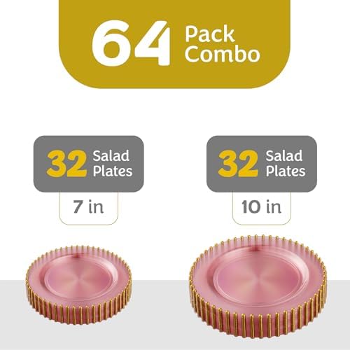 PLASTICPRO 64 Piece Combo Plastic Dinner Plates Disposable Plastic Fancy Heavy Duty Party Dishes 7 inch and 10 inch, Translucent Pink and Gold Beaded - Image 5