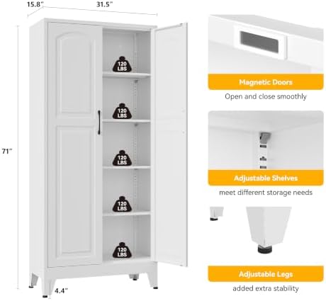 YAUWOH 71''Metal Cabinet with 4 Adjustable Shelves,5-Tier Pantry Storage Cabinet,Kitchen Pantry Cabinet White - Image 3