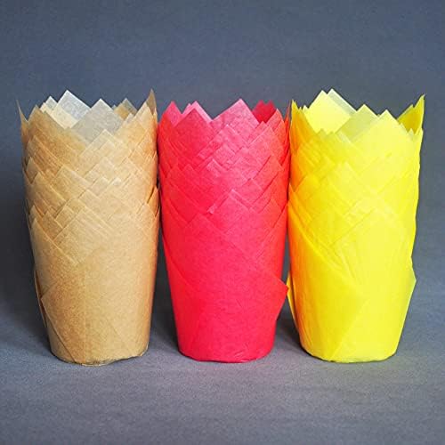 QLSmypkg Large Greaseproof paper Wrappers Muffin Baking cupcake cups liners, 2-1/4" x 4" Natural,Red,Yellow 3 colours in a box Tulip Baking Cups Holders 125 pcs (Large) (125, Multi Red,Yellow,Natural) - Image 3