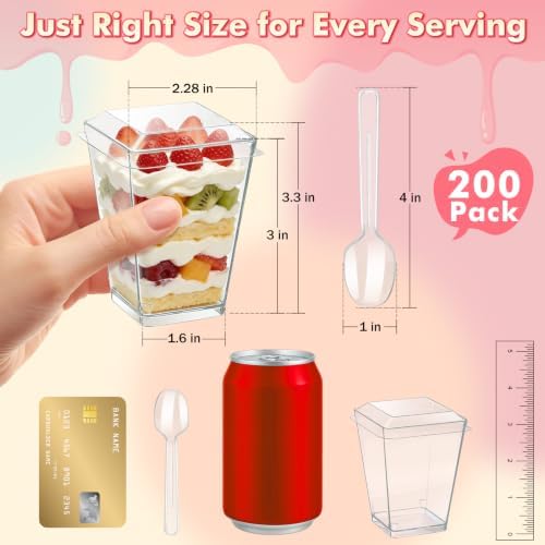 200 Pack 5oz Plastic Dessert Cups with Lids and Spoons, Clear Square - Image 2