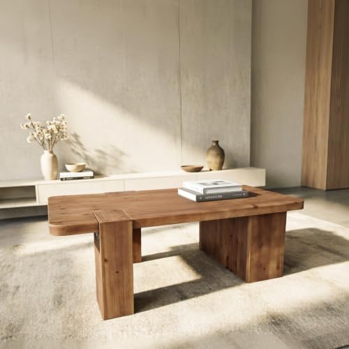 Rustic Wooden Coffee Table with 3 Thicked Legs, Big Rectangle Coffee Table - Image 7