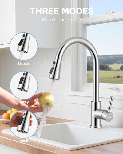 WEWE Pull-Down Kitchen Faucet with Soap Dispenser Set, Polished Chrome - Image 3