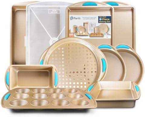 Perlli Baking Kit: Nonstick Gold Steel Oven Set - 10 Pieces, Cookie Sheets, Cake Pans, 9x13Pan with Lid, Loaf & Deep Pans, Pizza Crisper, Muffin Pan - Silicone Handles by PERLLI