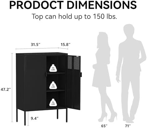 COFaR Black Metal Cabinet with Adjustable Shelves, 47”H Industrial Buffet Sideboard & Coffee Bar Station, Ventilated Steel Storage Cabinet with Magnetic Doors for Kitchen, Office, Living Room - Image 2
