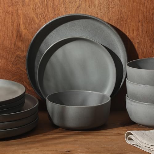 Gibson Elite Pasco 12 Piece (Service for 4) Plates and Bowls Reactive Glaze Dishes Stoneware Ceramic Dinnerware Set - Grey - Image 7