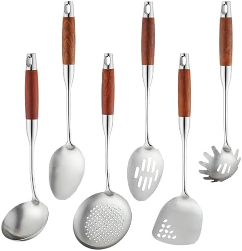 Izurok 18/10 Stainless Steel Kitchen Utensils Set,6 Piece Cooking Utensils With Wood Handle,Heat Resistant Kitchen Tool Set With Spatula, Spoon, Ladle, Skimmer, Slotted Spoon, Pasta by IzurokBuynow