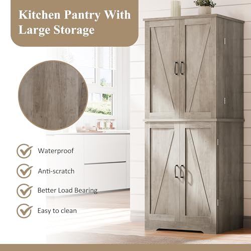 Vongrasig Kitchen Pantry Storage Cabinet with Barn Doors, Drawer and Adjustable Shelves, 6-Tier Tall Rustic Wood Cupboard Locker for Kitchen, Dining Room, Living Room, Bathroom, Rustic Grey - Image 7