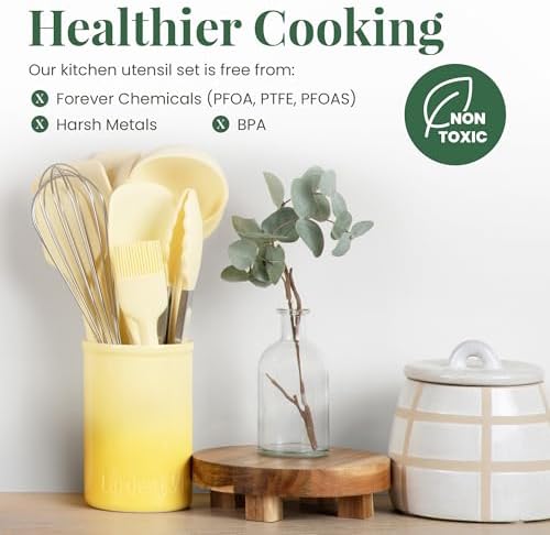 Larder & Vine 12-Piece Silicone Kitchen Cooking Utensils Set with Stainless Steel Handle and Ceramic Holder, Dishwasher Safe Set of Kitchen Essentials (Limoncello) - Image 5