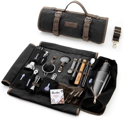 Barillio Bartender Kit Bag with Black Cocktail Shaker Set - Waxed Canvas, Traveling Bar Tools Bag with 17-Pc Cocktail Kit - Travel Mixology Bartending Kits - Mobile Bar Roll with Strap & Accessories by Barillio