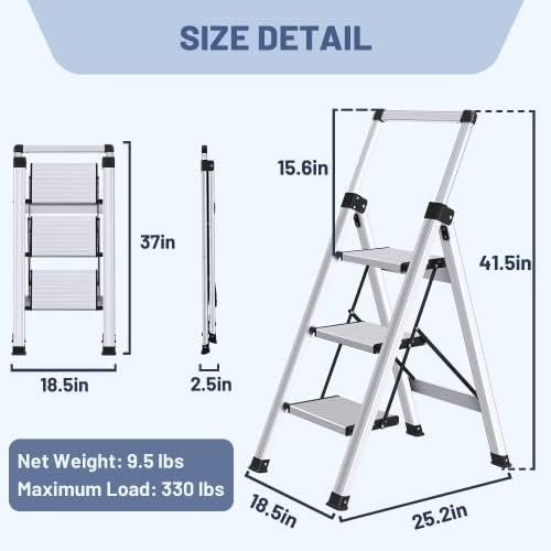 XinSunho 3 Step Ladder, Aluminum Folding Stool with Retractable Handgrip - Image 6