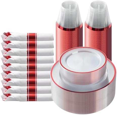 Goodluck 175 Pcs Clear Red Plastic Dinnerware Sets for Party for 25 Guests by GoodLuck
