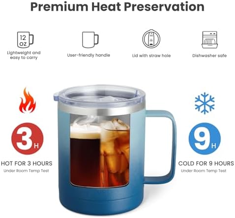 MEWAY 12oz Coffee Mug With Handle 2 Pack Bulk,Stainless Steel Insulated Travel Tumblers With Sliding Lid,Double Wall Vacuum Camping Cup for Hot & Cold Drinks Tea (Bubble Gum&Blue Waves,Set of 2) - Image 2