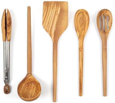 Salt & York Olive Wood Wooden Cooking Utensils, 5-Pc Kitchen Utensil Set by SaltYork
