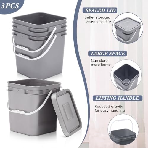 Mumufy 3 Pcs 3.5 Gallon Square Food Grade Bucket with Lid, Gray - Image 3