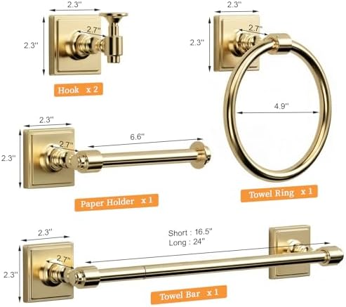 VEHCIL Champagne Bronze Bathroom Accessories Set, 5 Piece Bathroom Hardware Set with SUS304 Stainless Steel 24 Inch Towel Bar, Towel Ring, Toilet Paper Holder & Wall Hooks, Bathroom Towel Rack Set - Image 2