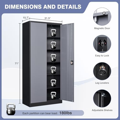 Metal Garage Storage Cabinet,71" H Tall Tool Cabinet with 2 Doors and 5 Adjustbale Shelves,Lockable Tool Cabinet for Garage,Basement,Home Office - Image 3