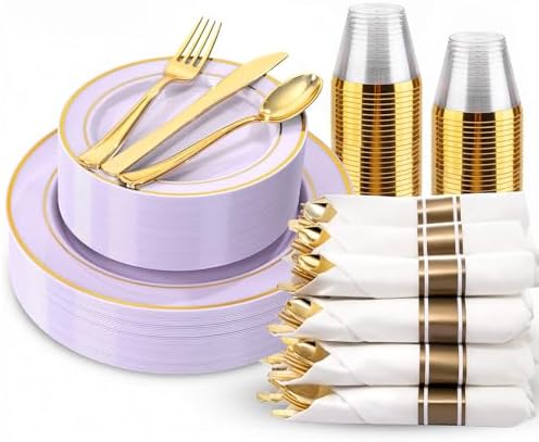 WDF Partyware 175PCS Purple Plates Disposable - Lavender Plastic Plates 25Guests Plastic Dinnerware with Rolled Napkins for Birthday/Baby Shower/Birthday by WDF