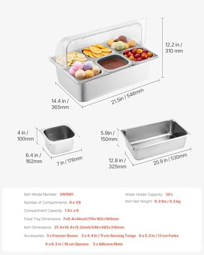 VEVOR Countertop Food Serving Display Container, 6 Pan Stainless Steel Food Serving Tray, Buffet Condiment Dispenser Display Rack with Clear Lid & 3 Freezer Boxes, for Restaurant Hotel Kitchen Party - Image 7