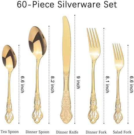 Retro Royal Gold Silverware Set With Gift Box, 60-Pieces Cutlery Set Utensils Stainless Steel Flatware For 12 MIKIWAY Kitchen Tableware Set For Gifts Festive, Dishwasher Safe, Mirror Polishing - Image 2