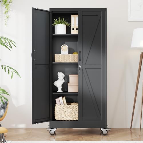 Metal Storage Cabinets with Wheels, Steel Tool Cabinets Lock Door and 3 Adjustable Shelves for Home Office, Garage, Kitchen (Black, 61" H) by Unknown