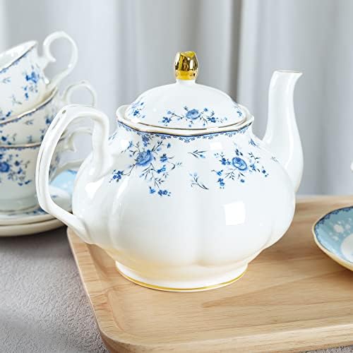 fanquare 15 Piece British Blue Rose Porcelain Tea Set - Image 3