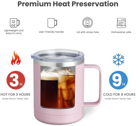 MEWAY 12oz Coffee Mug With Handle and Sliding Lid,Stainless Steel Travel Tumbler Cup with Handle,Double Wall Vacuum Insulated Camping Cup for Hot & Cold Drinks Tea (Pink,Set of 1) - Image 2