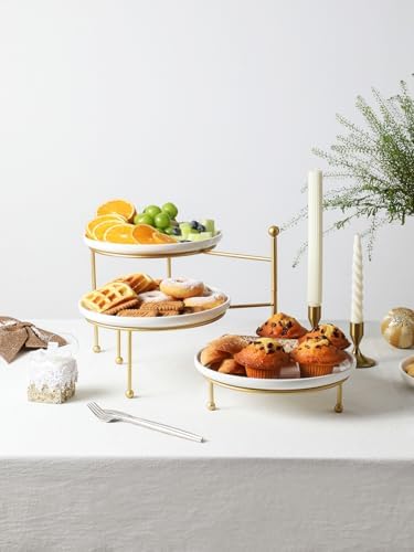 Kanwone 3 Tiered Serving Stand with White Porcelain Plates, 10.3" Round Tray, Dessert Table Display Set, Gold Metal Stand, Versatile & Durable - Image 4