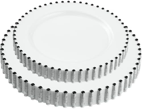 PLASTICPRO 32 Piece Combo Plastic Dinner Plates Disposable Plastic Fancy Heavy Duty Party Dishes 7 inch and 10 inch, White and Black Beaded by PLASTICPRO