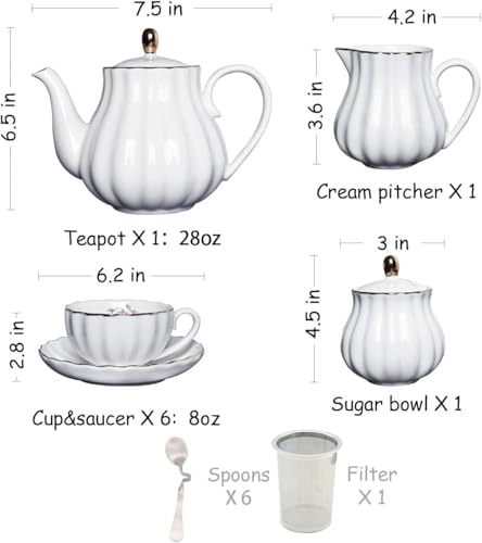 Sweejar Home Porcelain Tea Sets British Royal Series, 8 OZ Cups & Saucer Service for 6, with Teapot Sugar Bowl Cream Pitcher Teaspoons and Tea Strainer, Suitable for High Tea, Wedding, Party（Beige） - Image 3