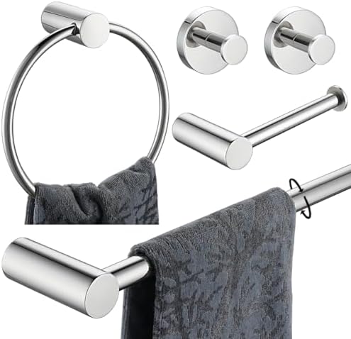 JQK Bathroom Hardware Set Polished Steel, 5-Piece Bath Accessories Set Wall Mount Includes 24 in Towel Bar, Towel Ring, Toilet Paper Holder, 2 Towel Hooks, BAS625-CH by Homeimprovement