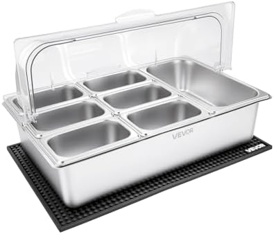 VEVOR Countertop Food Serving Display Container, Stainless Steel Food Salad Server Tray, Buffet Condiment Dispenser, Ice Cooled Rack with Clear Roll Top Cover, for Restaurant Hotel (1x1/3+6x1/9 Pan) by VEVOR