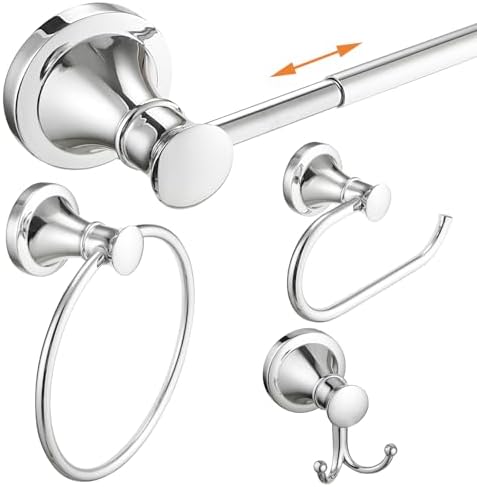 Hoimpro Chrome 4-Piece Bathroom Bath Set, Wall Mount Bathroom Hardware Fixture (Adjustable Towel Bar Rack, Towel Ring Holder, Paper Towel Holder, Double Towel Hook), Bathroom Accessories by Hoimpro