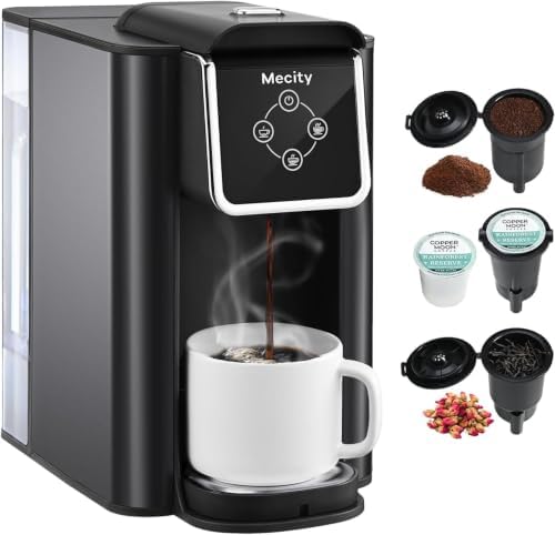 Mecity Coffee Maker 3 in 1 Single Serve Coffee Machine, Compatible with K cup Capsules, Instant Coffee Pot, Tea maker, 6,8,10 Oz Cup, Removable 50 Oz Water Reservoir, 120V 1150W, Dark Grey by Mecity