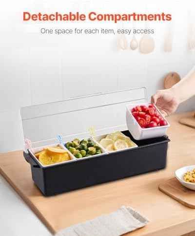 VEVOR Chilled Condiment Server, 4 Compartment Ice Cooled Condiment Serving Container, Chilled Garnish Tray Bar Caddy with Lid, for Bartending & Serving Taco, Salad, Fruit, Home & Restaurant Supplies - Image 4
