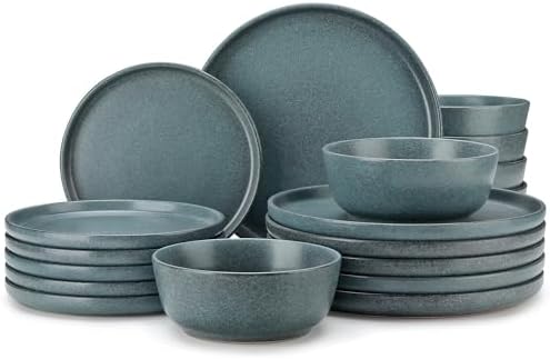vancasso Plates and Bowls Sets, 18 Pieces Stoneware Dinnerware Set for 6, Ceramic Dish Set for Kitchen, Microwave and Dishwasher Safe, Smoky Teal, Series ZERMATT by vancasso