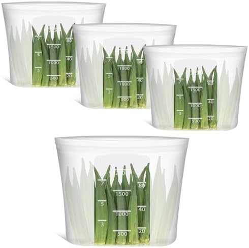 Reusable Food Storage Bags Half-Gallon, 4 Pack 100% Silicone Food Storage Bags Stand-Up Wide-Mouth Zip-Lock for Large Items, 67 fl.oz/2000 ml, Freezer Microwave Oven Dishwasher Safe, Translucent by Annaklin