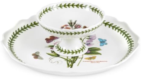 Portmeirion Botanic Garden Chip & Dip Set - 11" Round Platter & 5.5" Bowl, Porcelain Serveware with Assorted Floral Motifs, Dishwasher, Microwave, Freezer, Oven Safe - Unique Party Serving Accessories by Portmeirion