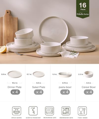 Famiware Nebula 16-Piece Dinnerware Set with Pasta Bowls, Creamy White - Image 2