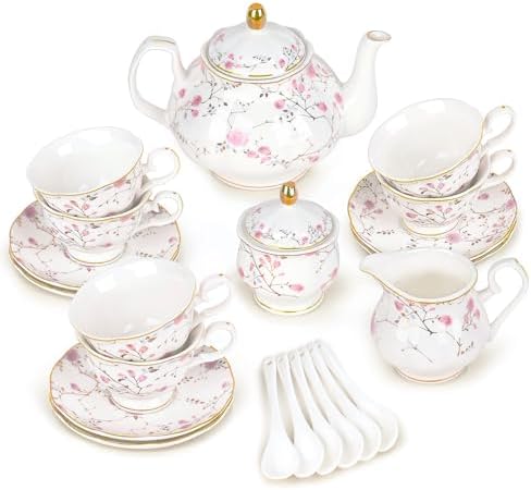 fanquare 21-Piece English Gold Vine Floral Bone China Tea Sets by fanquare